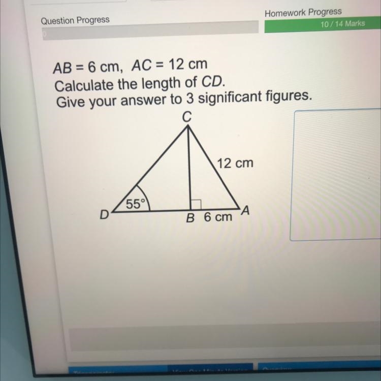 AB = 6 cm, AC = 12 cm Calculate the length of CD. Give your answer to 3 significant-example-1