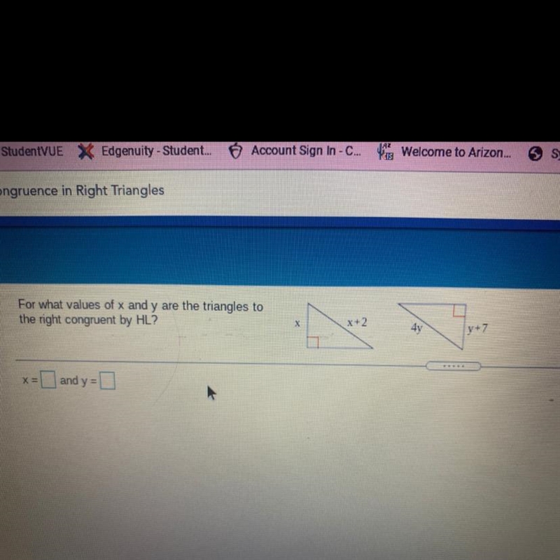 For what values of x and y are the triangles to the right congruent by HL?-example-1