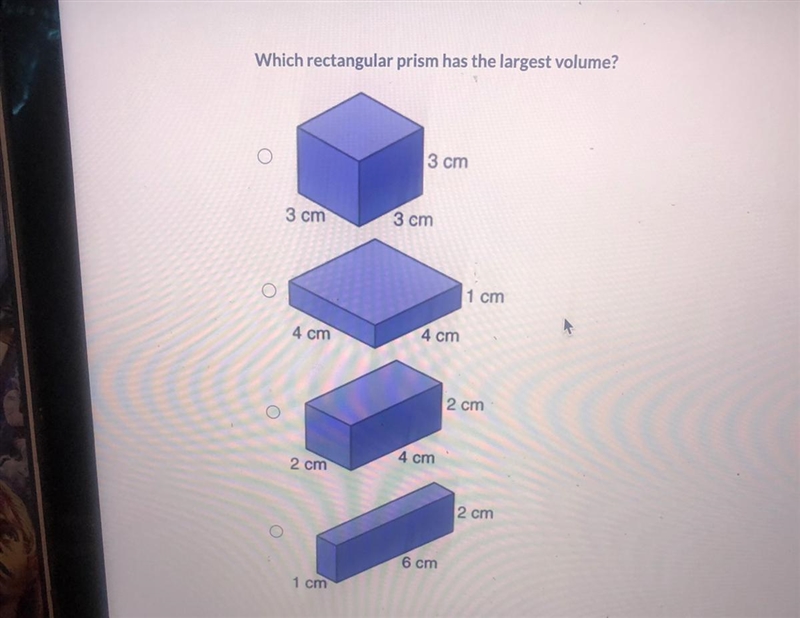 Which rectangular prism has the largest volume?-example-1