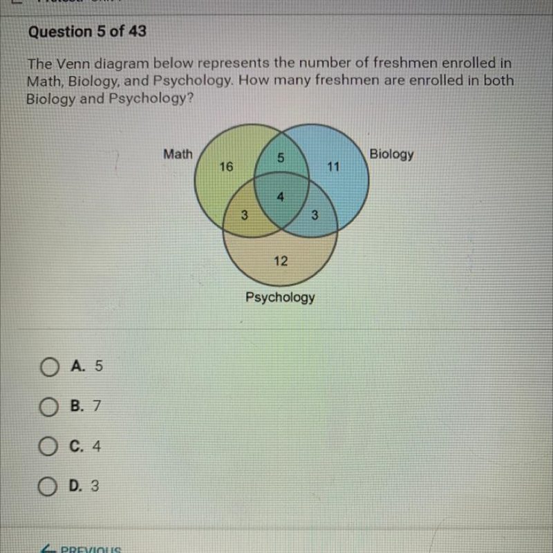 The Venn diagram below represents the number of freshmen enrolled in Math, Biology-example-1