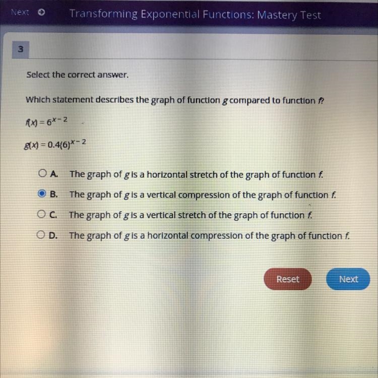 Select the correct answer. Which statement describes the graph of function g compared-example-1