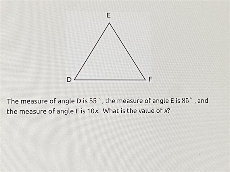 The measure of angle D is 55°, the measure of angle E is 85°, and the measure of angle-example-1