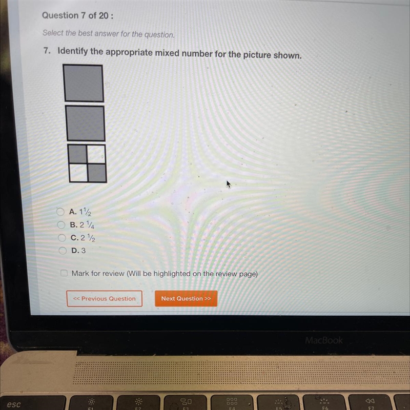 7. Identify the appropriate mixed number for the picture shown. A. 172 B. 214 C.212 D-example-1