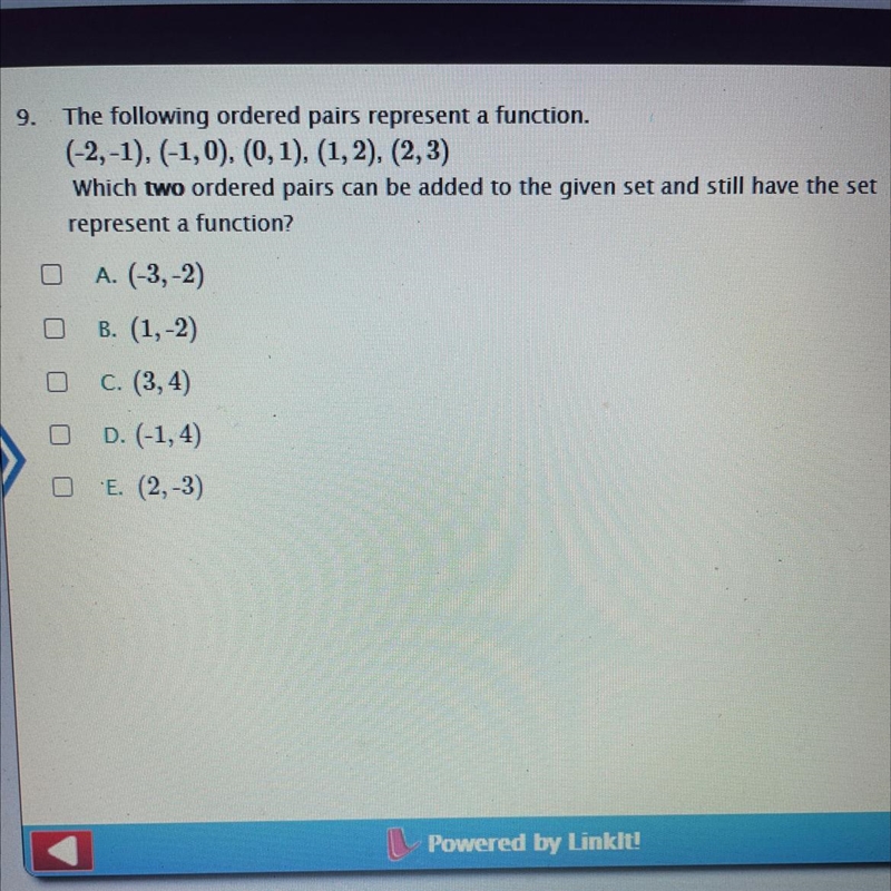 The following ordered pairs represent a function. (-2,-1) (-1,0), (0,1), (1,2), (2,3) help-example-1