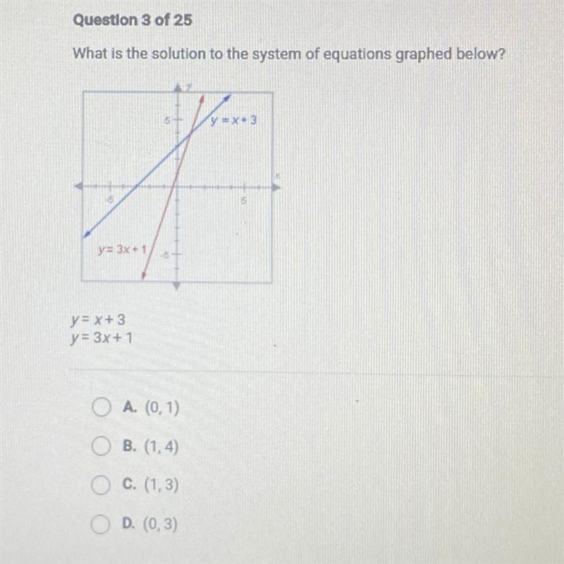 What is the solution to the system of equations graphed below? y = x. 3 y=3x+1 y = x-example-1