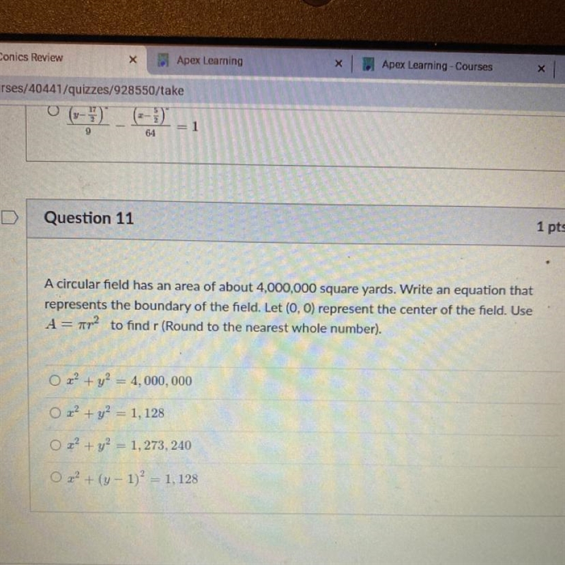 A circular field has an area of about 4,000,000 square yards. Write an equation that-example-1