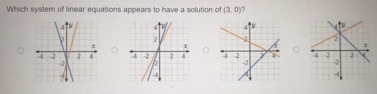 Which system of linear equations appears to have a solution of (3,0)?-example-1