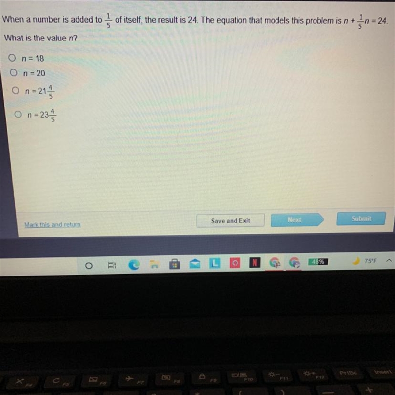 when a number is added to 1/5 of itself, the result is 24. the equation that models-example-1