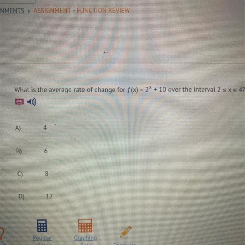 What is the average rate of change for f(x) = 2 ^ x + 10 over the interval 2 <= x-example-1