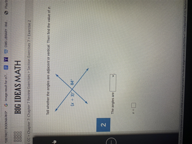 Tell whether the angles are adjacent or vertical then find the value of x-example-1