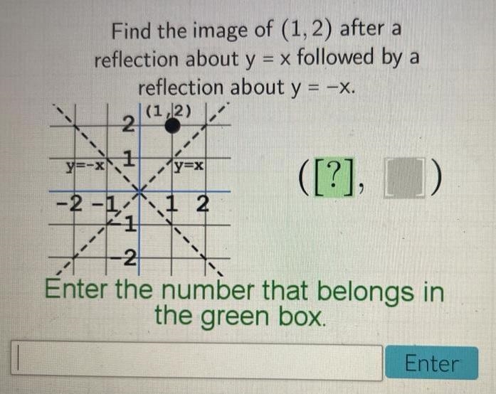 Find the image of ( 1 , 2 ) after a reflection about y = x followed by a reflection-example-1