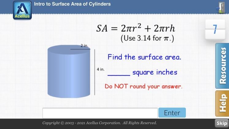 Surface area of cylinders 2in radius 4in height use 3.14 for pi. need help-example-1