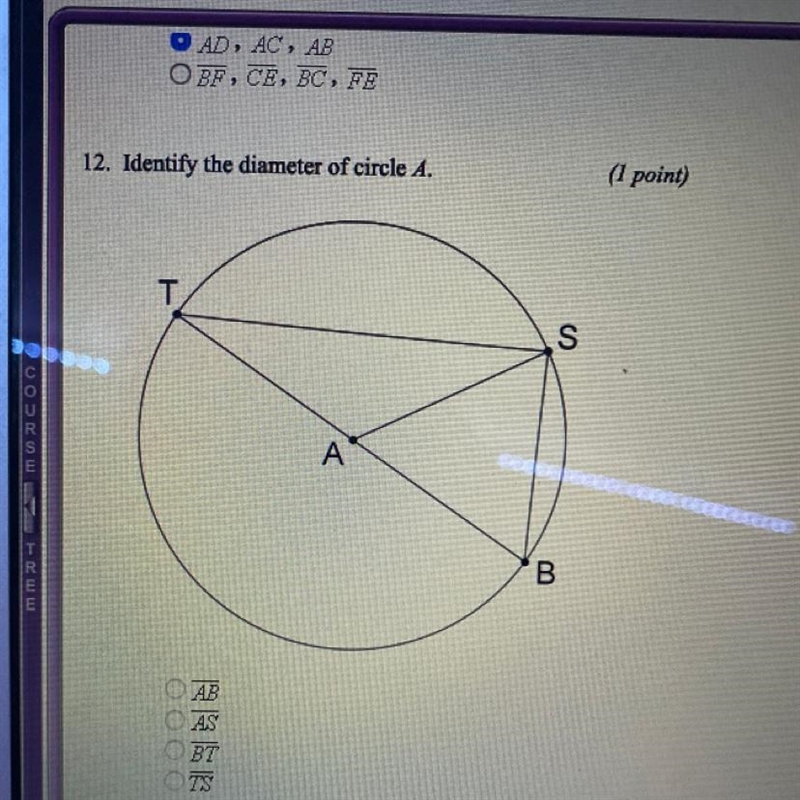 Identify the diameter of circle A AB AS BT TS-example-1