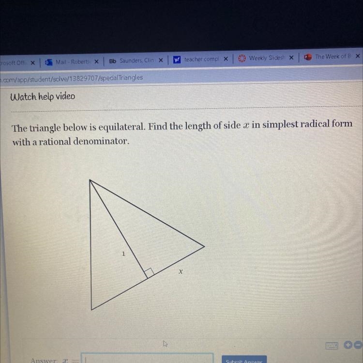 The triangle below is equilateral. Find the length of side x in simplest radical form-example-1