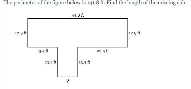 The perimeter of the figure below is 141.8ft. Find the length of the missing side-example-1