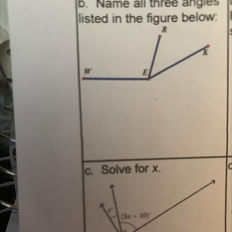 B. Name all three angles listed in the figure below: C. Solve for X-example-1