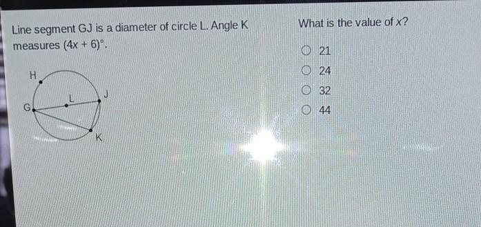 Line segment GJ is a diameter of circle L.Angle K measures (4x+6)° what is the value-example-1