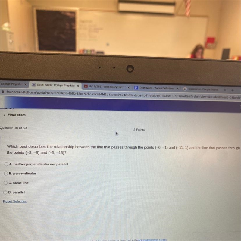 Which best describes the relationship between the line that passes through the points-example-1