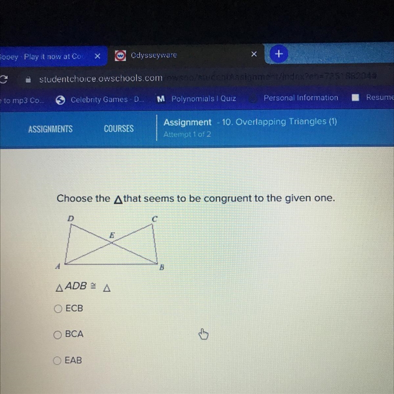 Choose the A that seems to be congruent to the given one. AADBA OECB BCA EAB-example-1