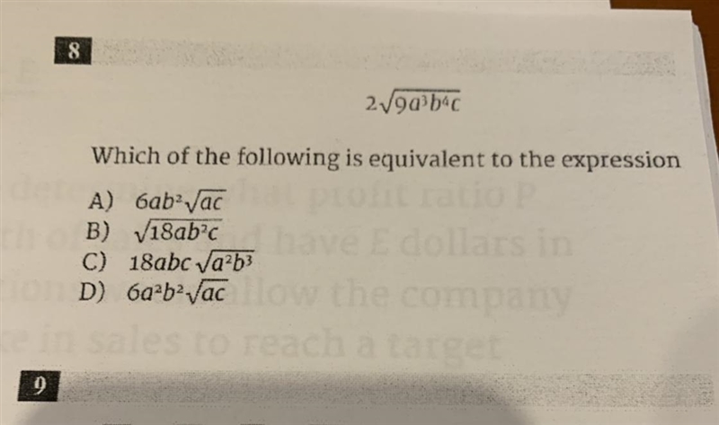 Which of the following is equivalent to the expression 2√(9a^3b^4c) A) 6ab^2√(ac) B-example-1