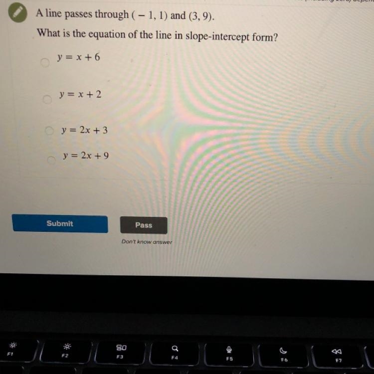 A line passes through ( - 1, 1) and (3,9). What is the equation of the line in slope-example-1