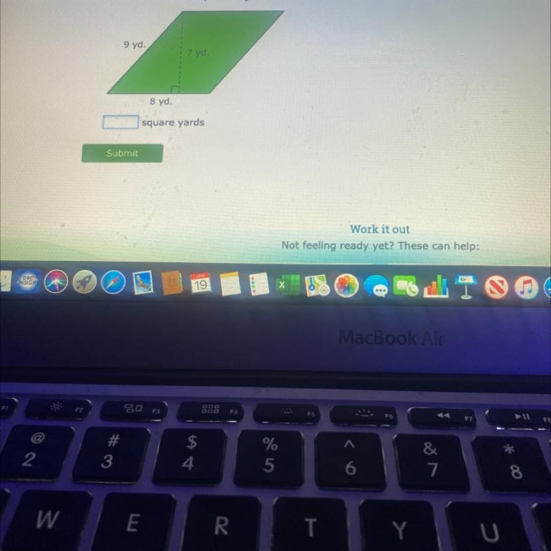 What is the area of the parallelogram? 9 yd. 7 yd. 8 yd. square yards Submit-example-1