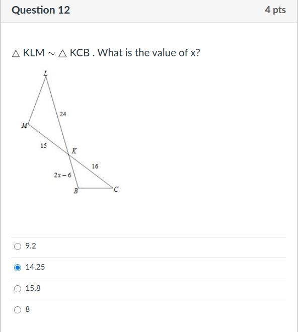 △ KLM ∼ △ KCB . What is the value of x?-example-1