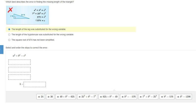 Which best describes the error in finding the missing length of the triangle? (By-example-1