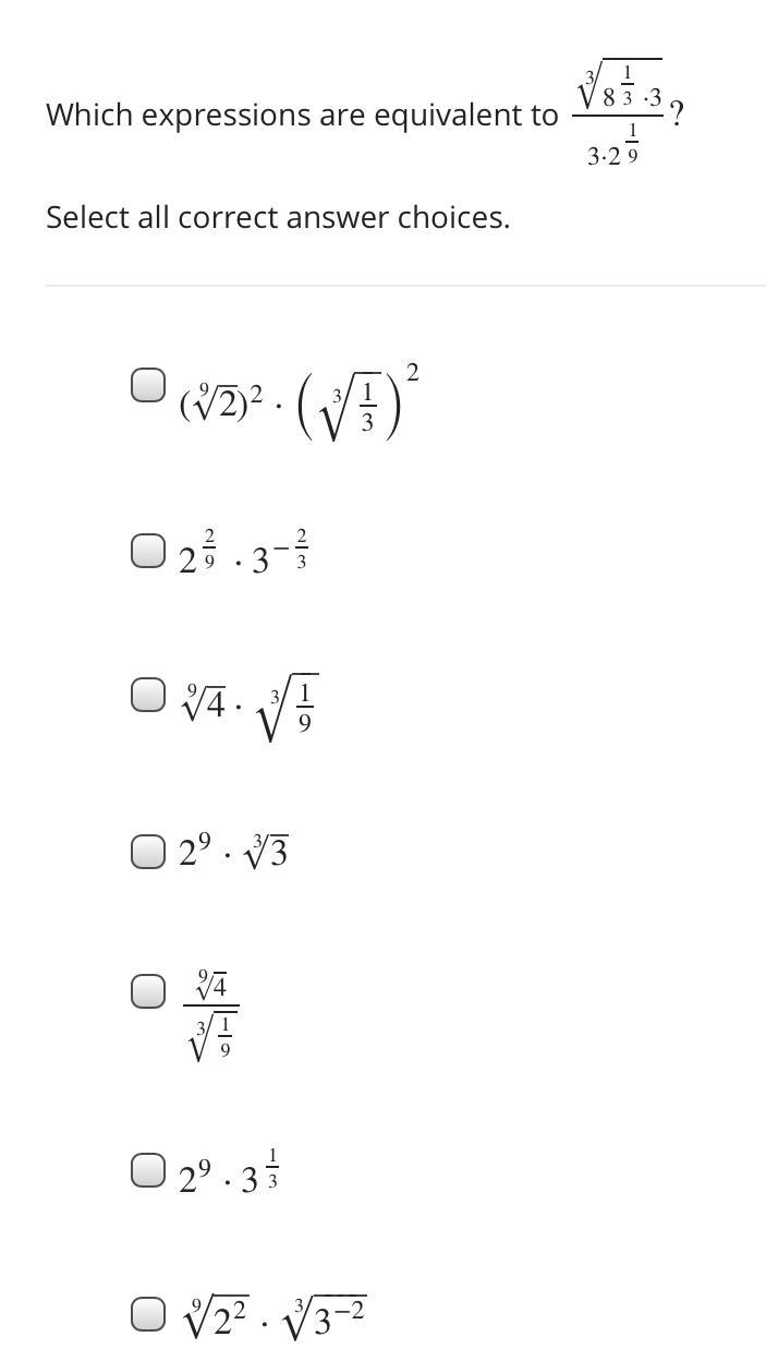 Can someone help me find the equivalent expressions to the picture below? I’m having-example-1