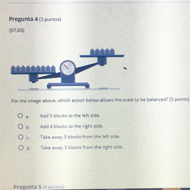 For the image above which action below allows the scale to be balanced-example-1