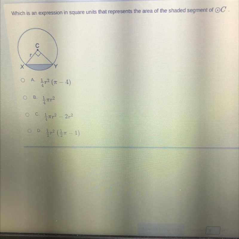 Which is an expression in square units that represents the area of the shaded segment-example-1