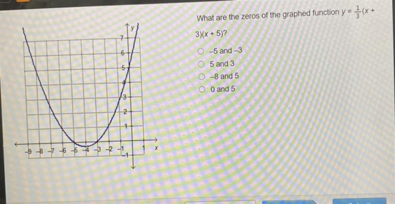 What are the zeros of the graphed function y = {(x + 3)(x + 5)? 6 O-5 and -3 5 O 5 and-example-1