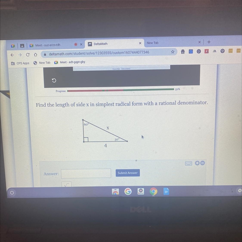 Find the length of side x in simplest radical form with a rational denominator-example-1