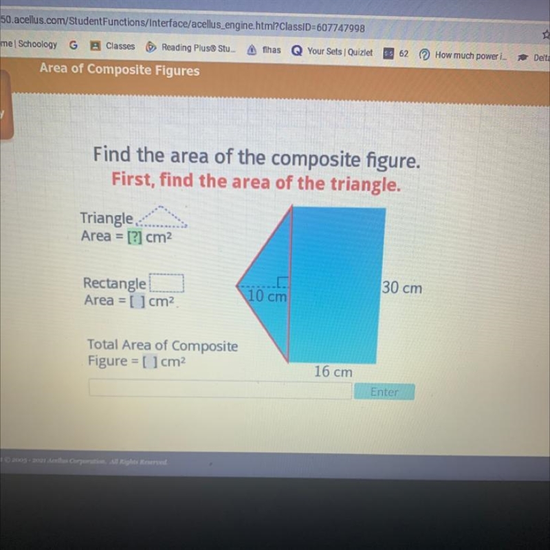 Find the area of the composite figure. First, find the area of the triangle. Triangle-example-1