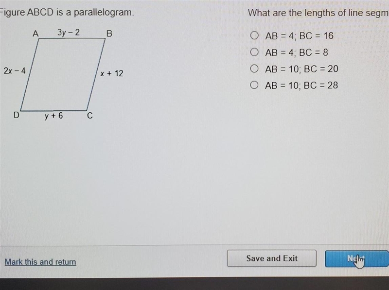 Figure ABCD is a parallelogram. What are the lengths of line segments AB and BC? AB-example-1