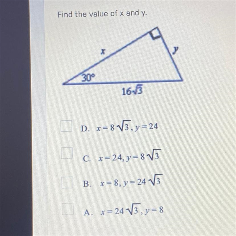 30-60-90 perfect triangles Find the value of x and y. please help! due at 11:59!!-example-1