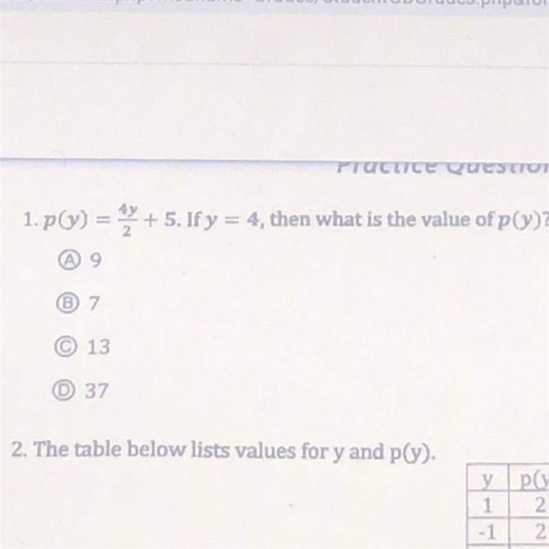 4y p(y) => + 5. If y = 4, then what is the value of p(y)? 9 7 13 37-example-1