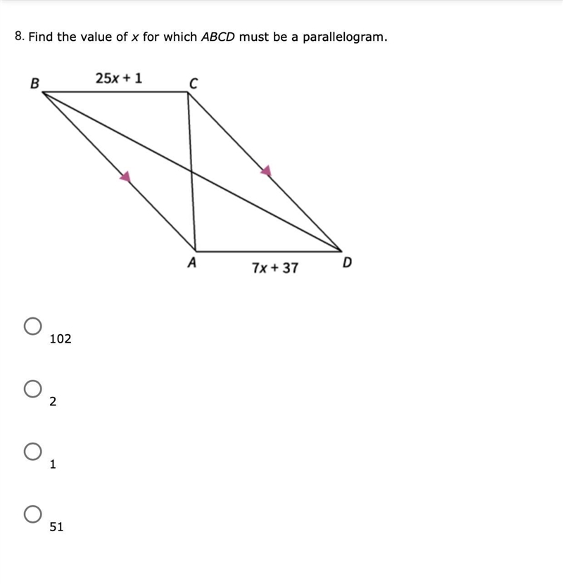 Help Please! Find the value of x for which ABCD must be a parallelogram.-example-1