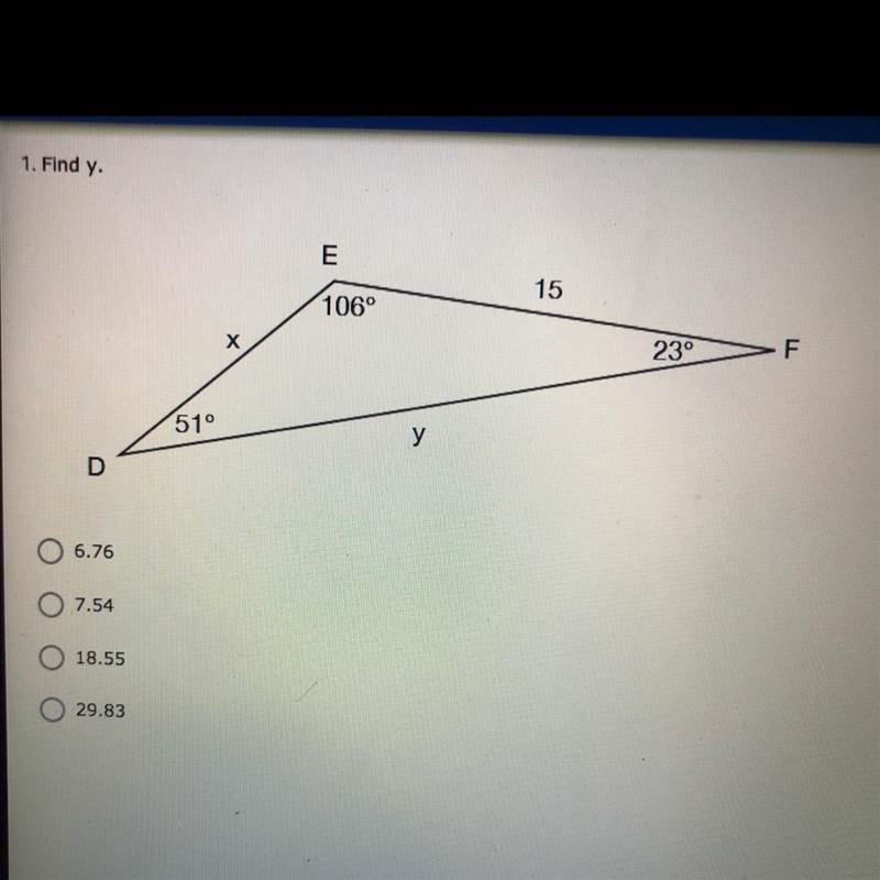 Find y. 1)6.76 2)7.54 3)18.55 4)29.83-example-1