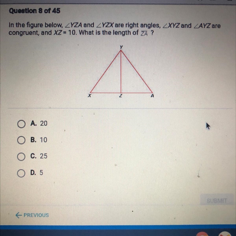 In the figure below, YZA and YZX are right angles, XYZ and AYZ are congruent, and-example-1