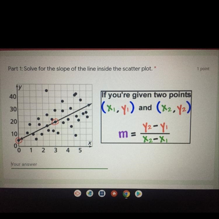 Part 1: Solve for the slope of the line inside of the scatter plot-example-1