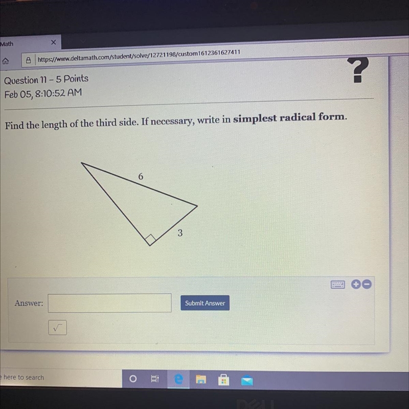 Find the length of the third side. If necessary, write in simplest radical form. 3 6-example-1