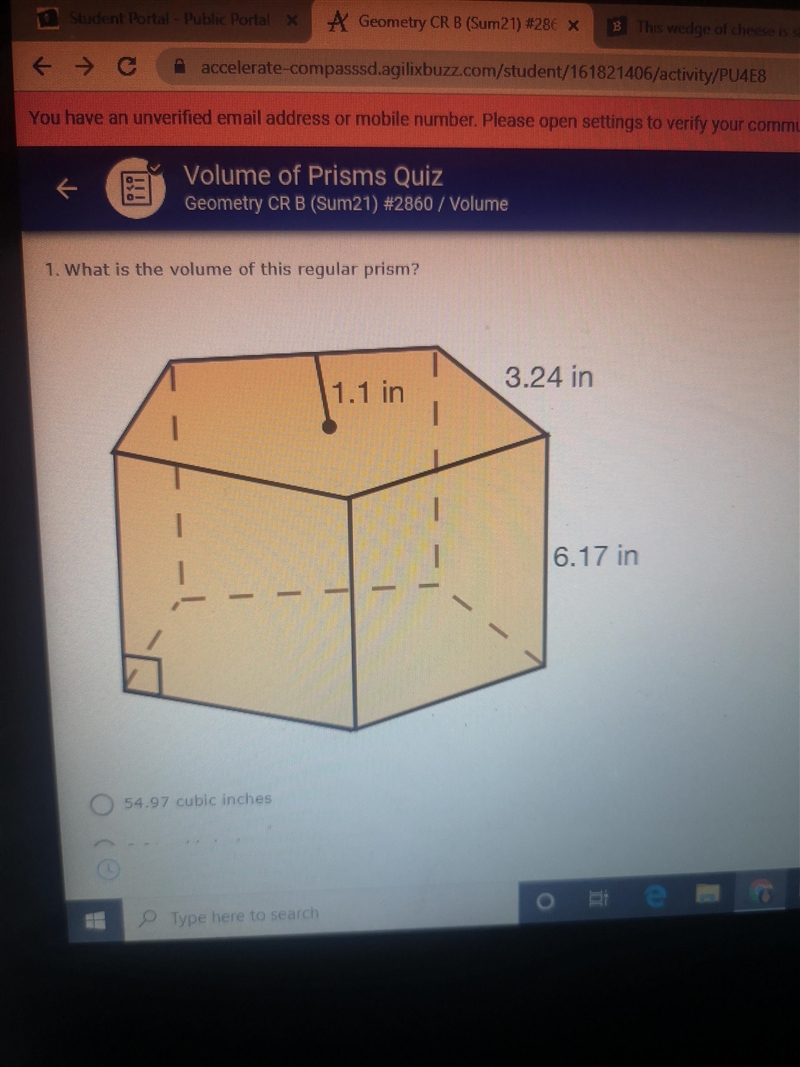 What is the volume of this regular prism? 54.97 cubic inches 8.91 cubic inches 109.95 cubic-example-1