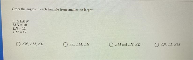 Order the angles in each triangle from smallest to largest.-example-1