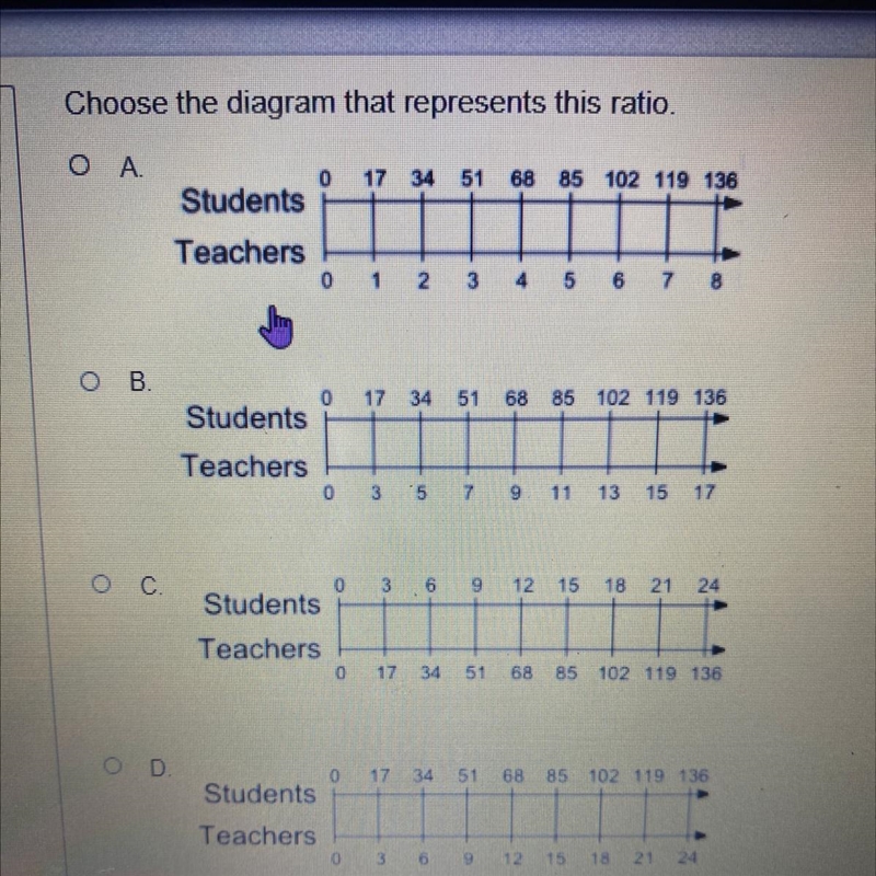 There are 3 teachers for every 17 students at a school. If there are 136 students-example-1