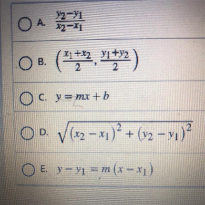 Which of the following formulas would find the slope of a line using two points?-example-1