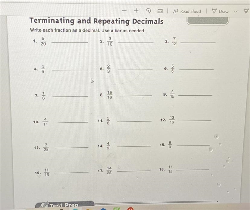 Write each fraction as a decimal Use abar as needed. Please help! Give me answers-example-1