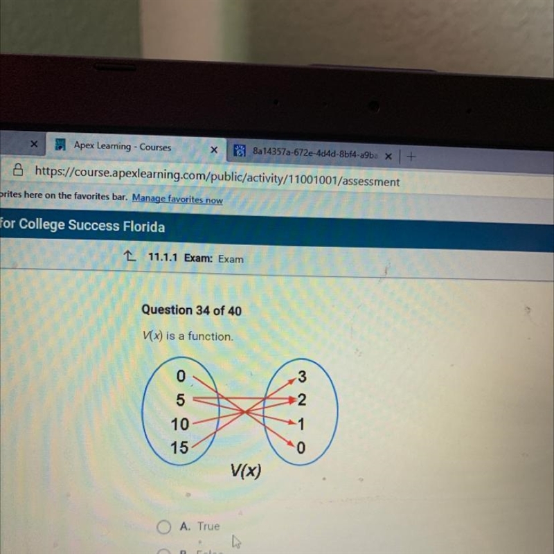 V(x) is a function. 3 ол о 2 10 1 15 0 V(x) True or false ???-example-1