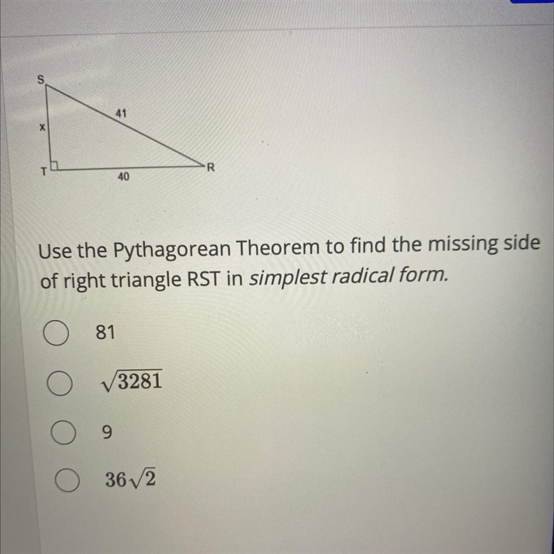 Use the Pythagorean Theorem to find the missing side of right triangle RST in simplest-example-1