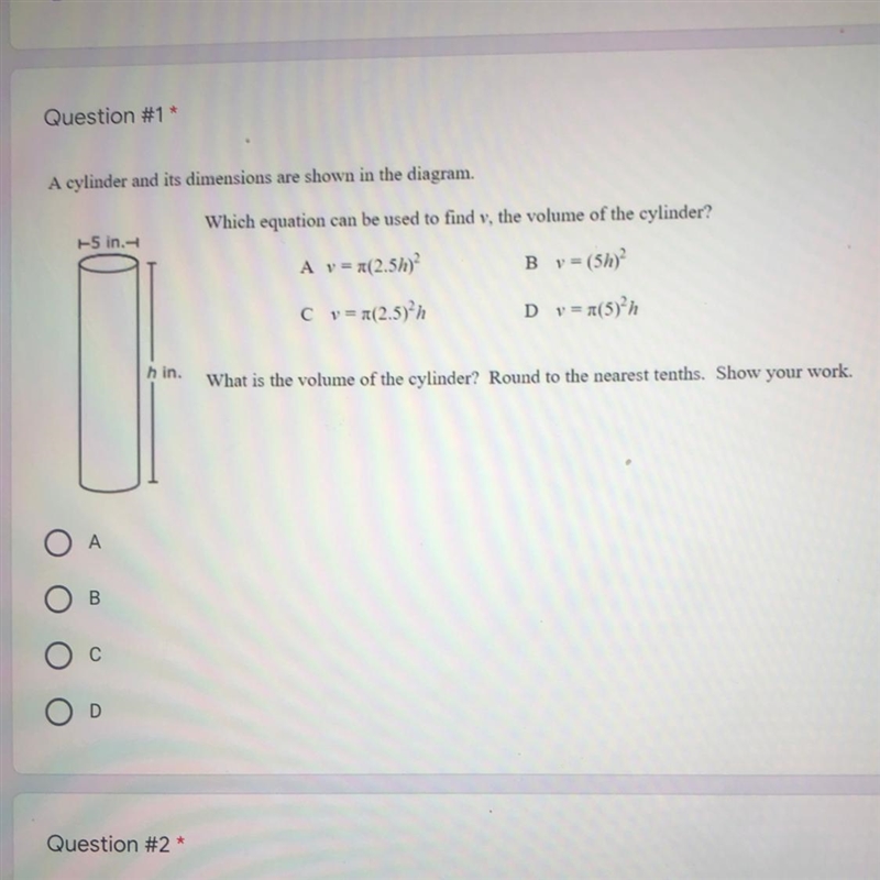 A cylinder and its dimensions are shown in the diagram. Which equation can be used-example-1